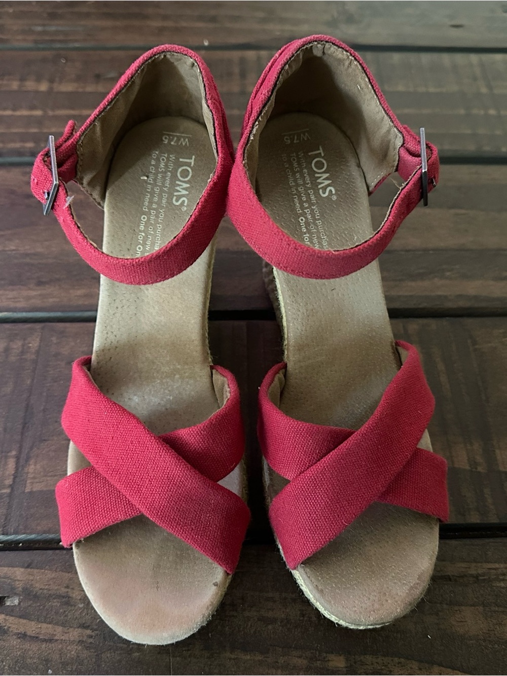 TOMS Red Canvas Crisscross Ankle-Strap Wedge Sandals